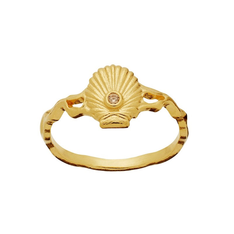 Myra ring fra Maanesten i forgyldt sølv med champagne zirkonia og muslingemotiv fra Aphrodite kollektionen.